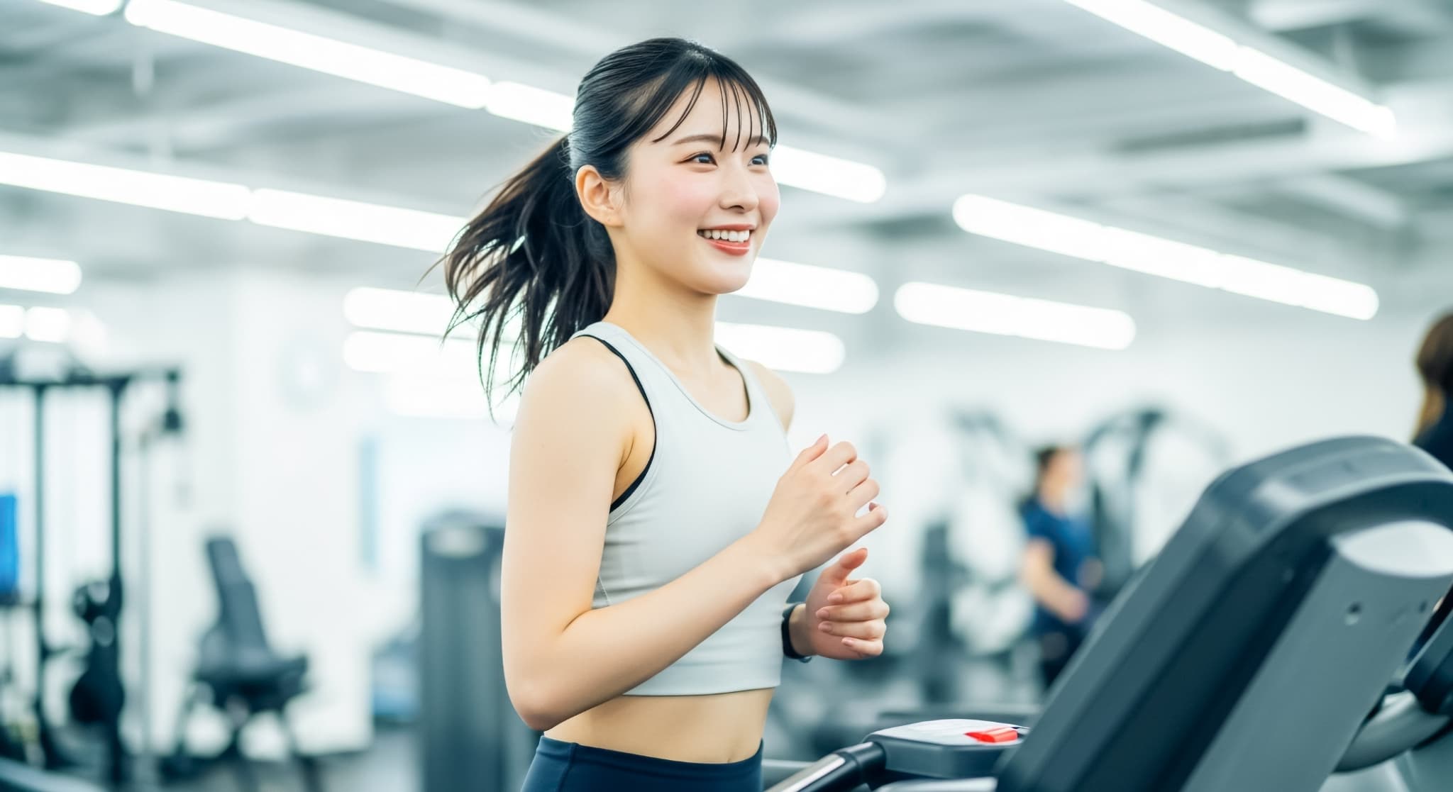 ストレス解消の為にスポーツジムでランニングマシンを使う女性