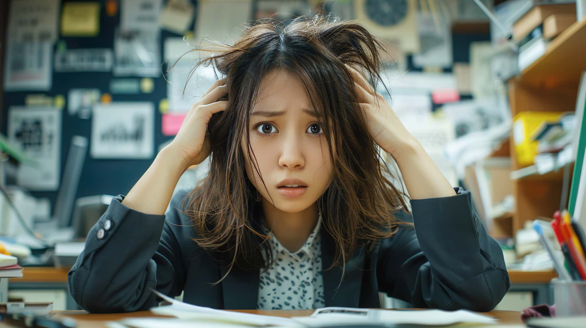 ストレスを感じて頭を抱えている女性