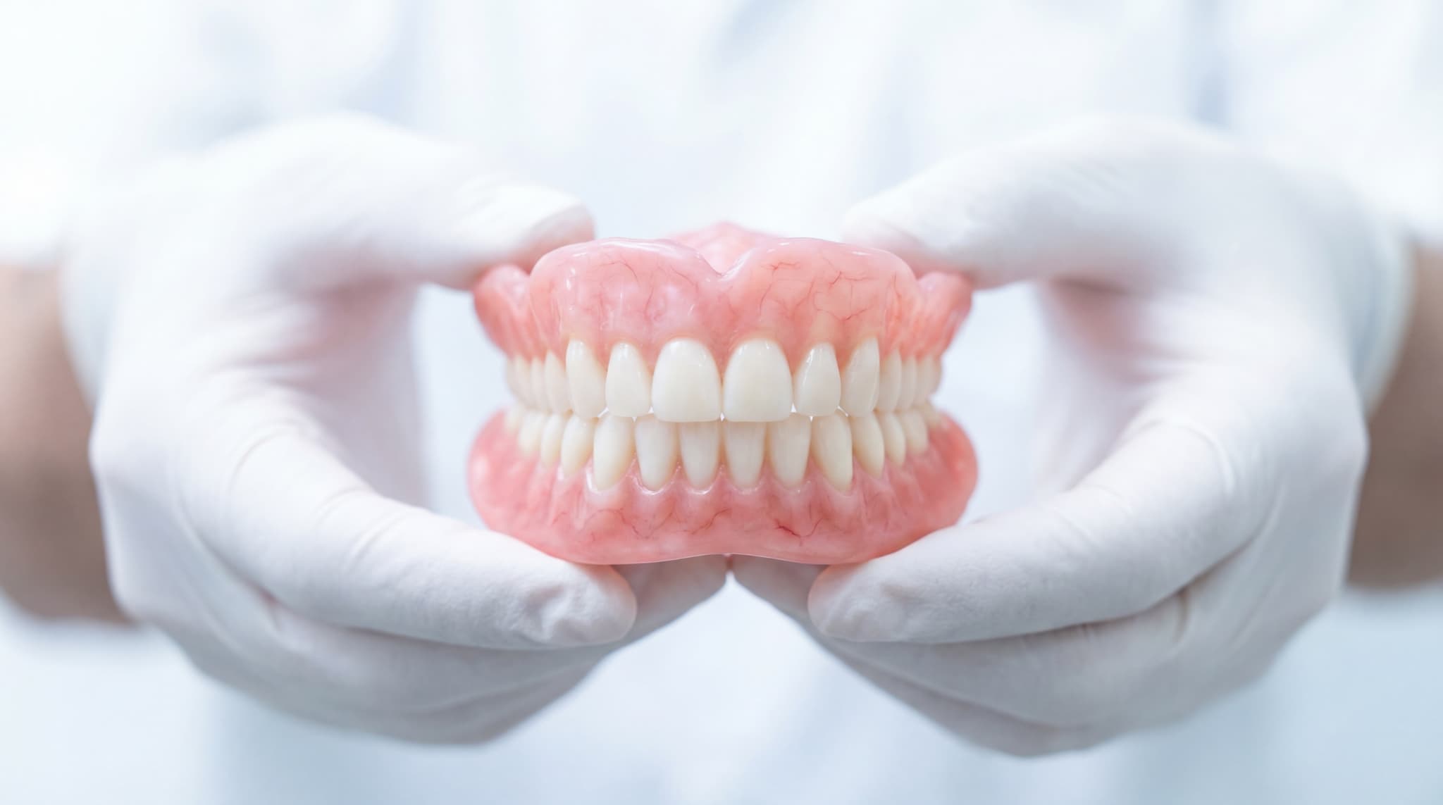 入れ歯を持つ歯科医師の手元