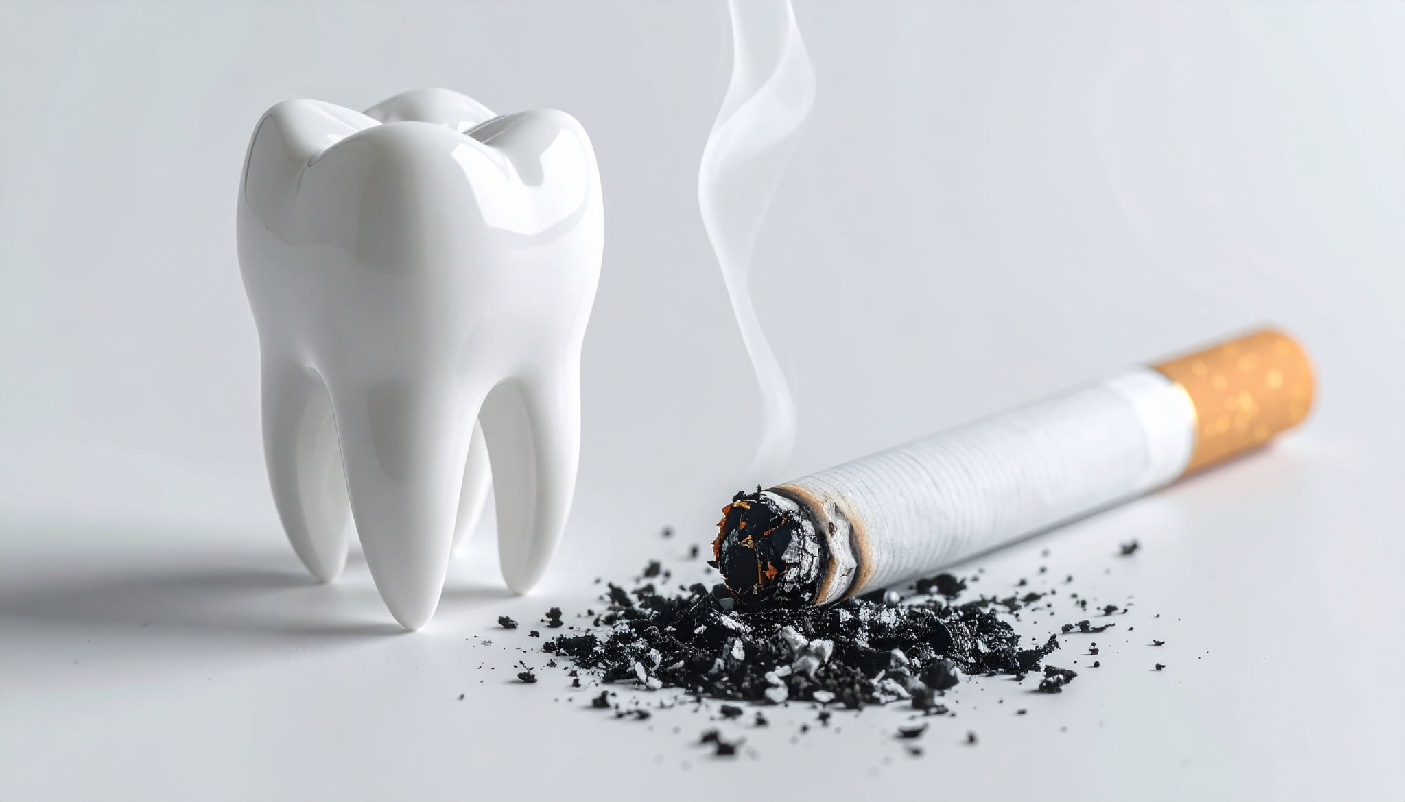 ホワイトニング後に色戻りする原因に喫煙があることを示す白い歯の横で煙が立ち昇るタバコのイメージ