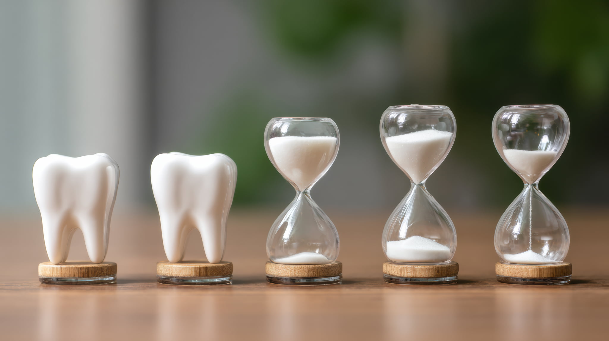 ホワイトニングの効果の時間を示す歯の模型と砂時計