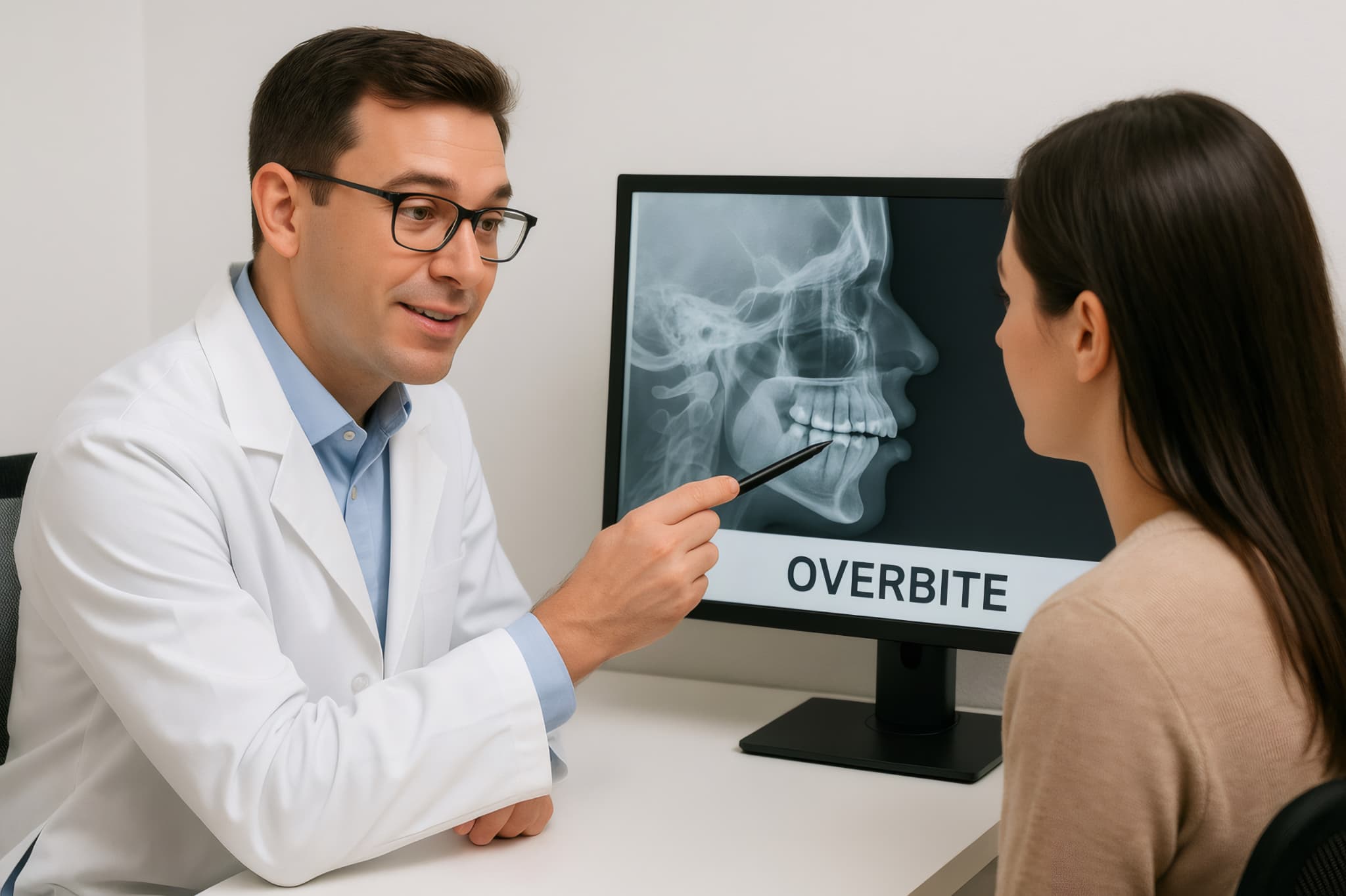 出っ歯についてレントゲン画像で説明する歯科医と患者