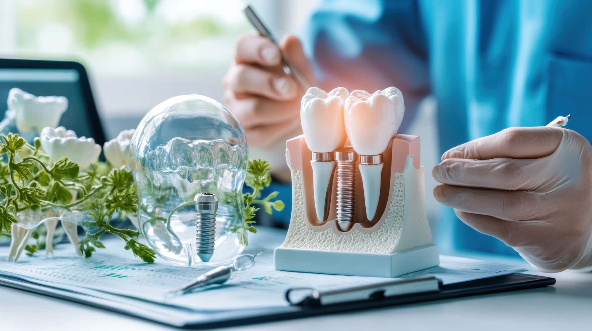 インプラント治療について模型で説明する歯科医