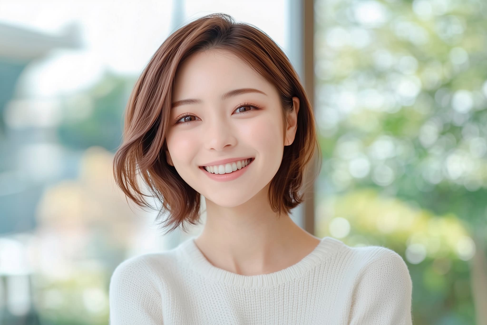 審美歯科で前歯が綺麗になって満足して微笑む女性