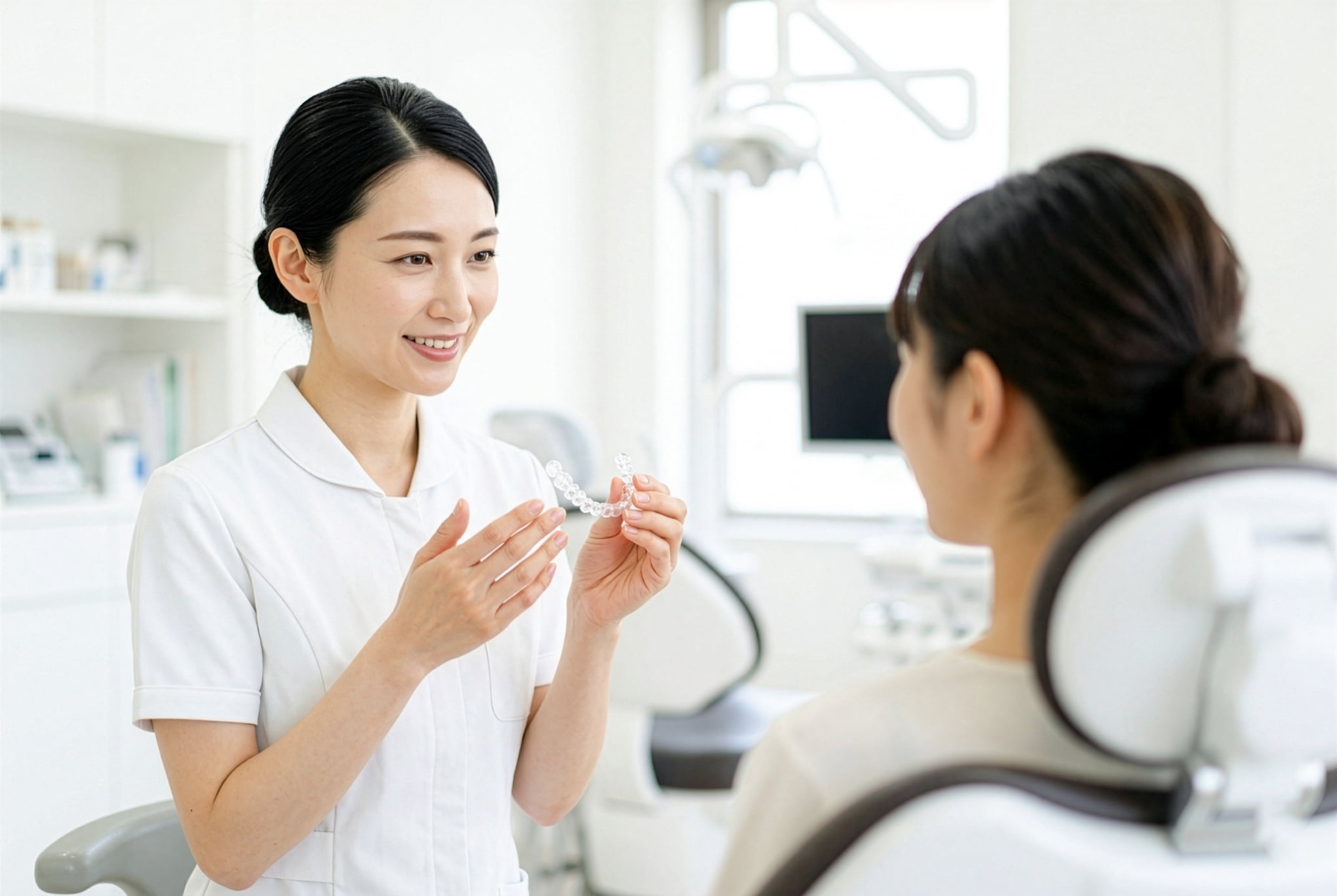 歯科医院でマウスピース矯正の相談をする女性