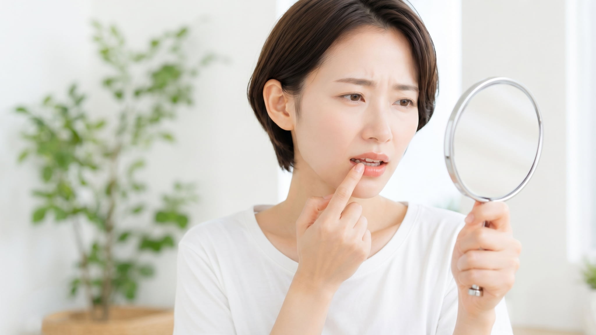 歯の黒い部分は虫歯なのか鏡で確認する女性