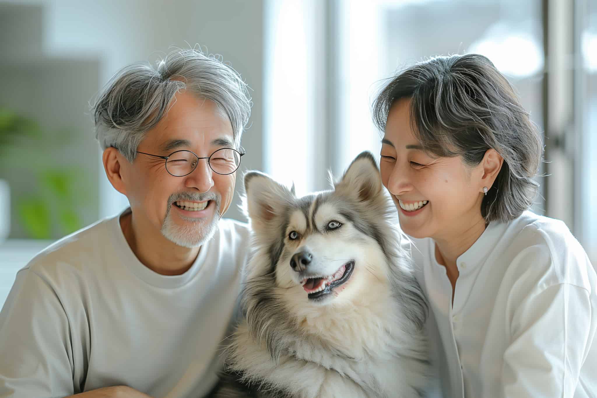 インプラント周囲炎を治療して妻と笑顔で愛犬を可愛がる男性