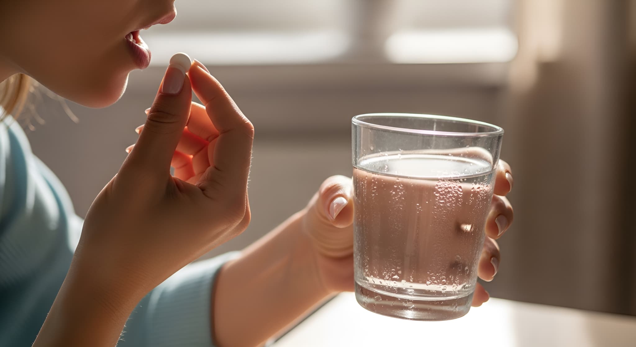 根管治療後に痛みが出て鎮痛薬を飲む様子